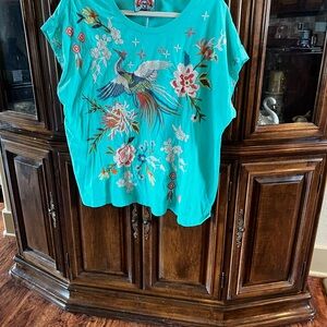 Johnny Was Ceretti Relaxed Tee Flowers Sea Blue Floral Bird Cotton tshirt New